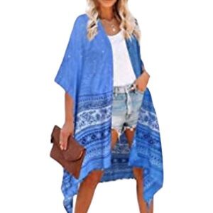 Moss Rose Blue Beach Cover up Swimsuit Kimono Cardigan with Bohemian Floral